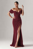 Red Mermaid Long Holiday Party Dress with Slit Ruched Off the Shoulder Formal Dress