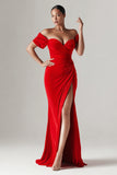 Red Off the Shoulder Mermaid Long Holiday Party Dress with Slit