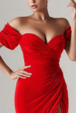 Red Off the Shoulder Mermaid Long Holiday Party Dress with Slit