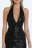 Sparkly Black Sequin Halter Bodycon Short Cocktail Dress