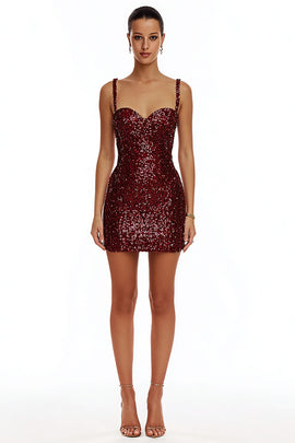 Sparkly Burgundy Sequin Spaghetti Straps Bodycon Short Cocktail Dress