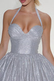 Sparkly Light Grey Sequin Halter Short Cocktail Dress