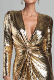 Sparkly Gold Sequin V Neck Ruched Short Cocktail Dress with Sleeves