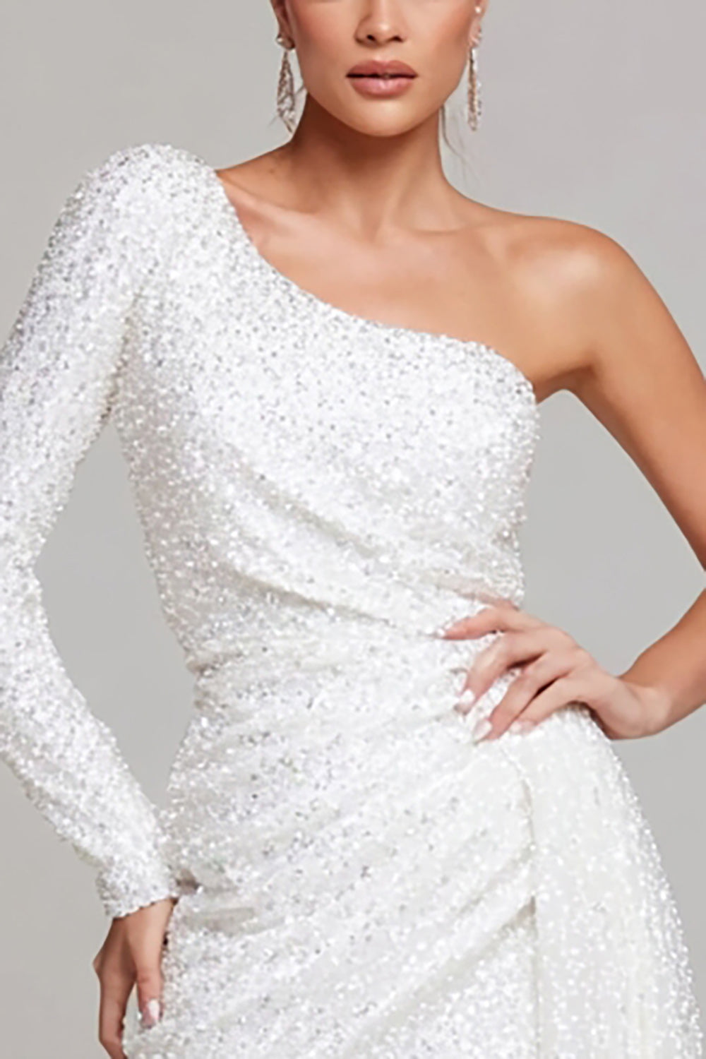 Sparkly White Sequin One Shoulder Bodycon Short Cocktail Dress with Side Cape