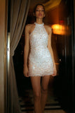 Sparkly White Sequin Halter Short Cocktail Dress