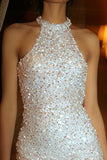 Sparkly White Sequin Halter Short Cocktail Dress