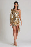 Sparkly Gold One Shoulder Short Cocktail Dress