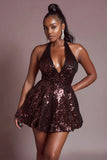 Sparkly Burgundy Sequin Halter Short Cocktail Dress