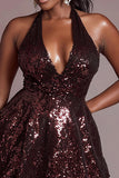 Sparkly Burgundy Sequin Halter Short Cocktail Dress