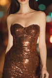 Sparkly Coffee Sequin Strapless Bodycon Short Cocktail Dress