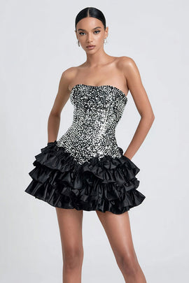 Sparkly Black and Grey Ruffled Strapless A Line Short Cocktail Dress