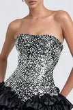 Sparkly Black and Grey Ruffled Strapless A Line Short Cocktail Dress