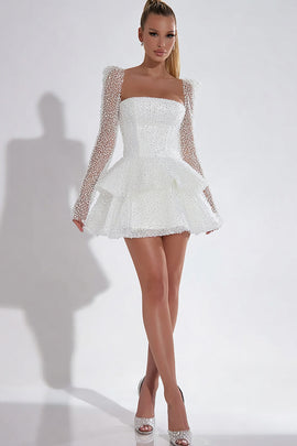 Sparkly White Sequin Ruffled Corset Short Cocktail Dress with Sleeves