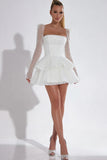 Sparkly White Sequin Ruffled Corset Short Cocktail Dress with Sleeves