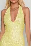 Sparkly Yellow Sequin Halter Bodycon Short Cocktail Dress