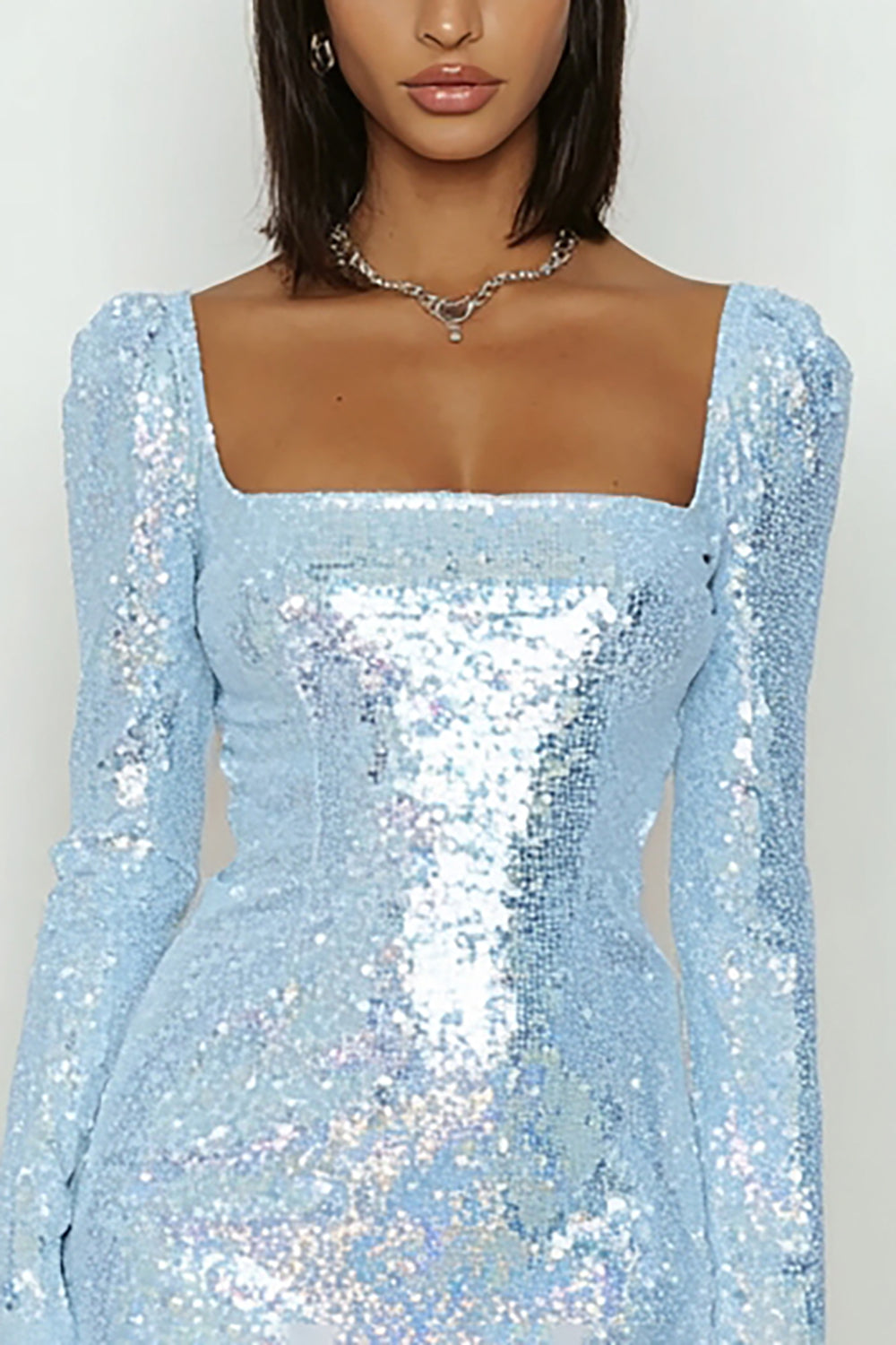 Sparkly Sky Blue Sequin Bodycon Short Cocktail Dress with Sleeves