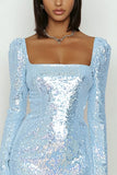 Sparkly Sky Blue Sequin Bodycon Short Cocktail Dress with Sleeves