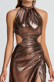 Sparkly Coffee Halter Cut Out Long Formal Dress with Slit