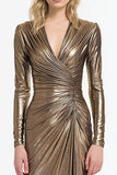 Sparkly Grey and Gold V Neck Sheath Long Formal Dress with Sleeves