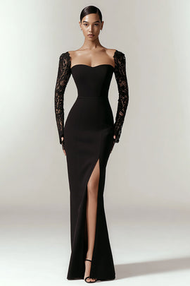 Black Mermaid Long Formal Dress with Sleeves Lace Sweetheart Black Tie Dress with Slit