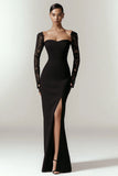 Black Mermaid Long Formal Dress with Sleeves Lace Sweetheart Black Tie Dress with Slit