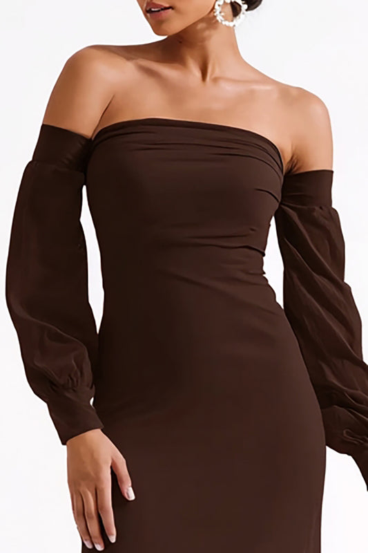 Dark Brown Sheath Strapless Long Formal Dress with Sleeves
