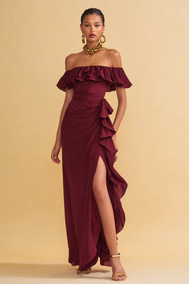 Burgundy Off the Shoulder Ruffled Sheath Long Formal Dress with Slit