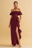 Burgundy Off the Shoulder Ruffled Sheath Long Formal Dress with Slit