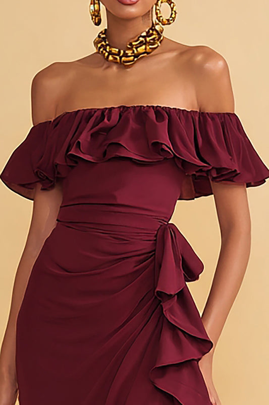 Burgundy Off the Shoulder Ruffled Sheath Long Formal Dress with Slit