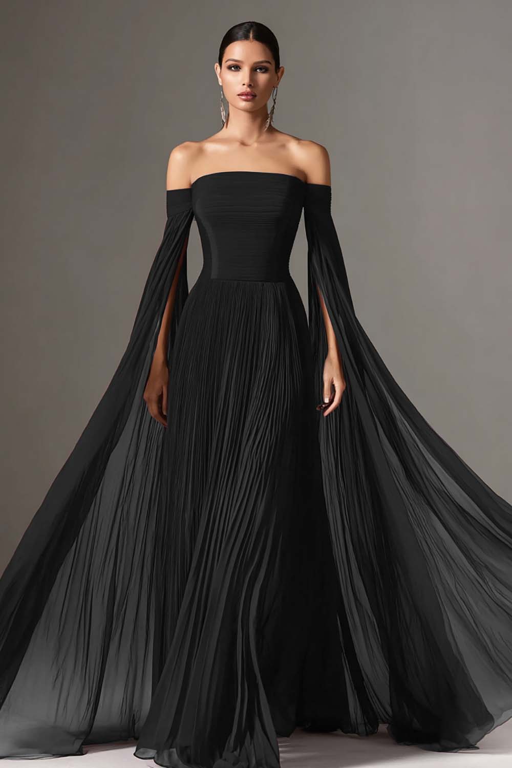 Burgundy Chiffon Off the Shoulder Pleated Long Formal Dress with Cape