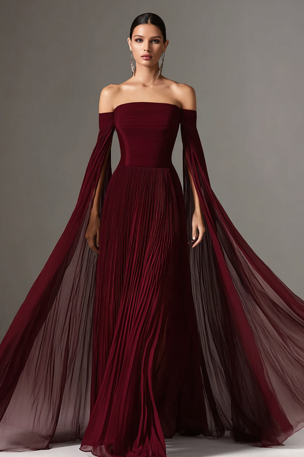 Burgundy Chiffon Long Formal Dress with Cape Pleated Off the Shoulder Evening Dress