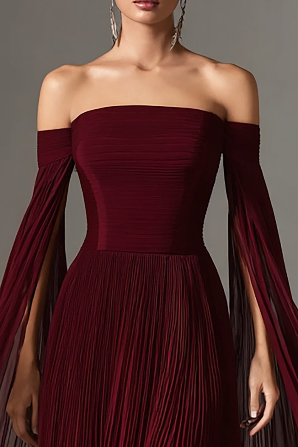 Burgundy Chiffon Off the Shoulder Pleated Long Formal Dress with Cape