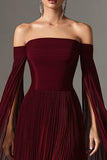Burgundy Chiffon Off the Shoulder Pleated Long Formal Dress with Cape