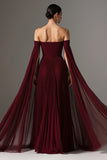 Burgundy Chiffon Off the Shoulder Pleated Long Formal Dress with Cape