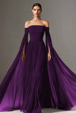 Burgundy Chiffon Off the Shoulder Pleated Long Formal Dress with Cape