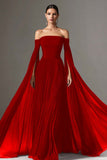 Burgundy Chiffon Off the Shoulder Pleated Long Formal Dress with Cape