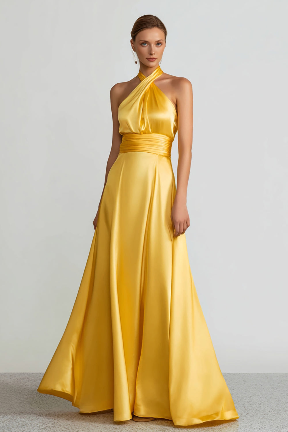 Yellow Satin Halter A Line Long Formal Dress