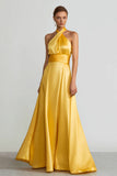 Yellow Satin Halter A Line Long Formal Dress
