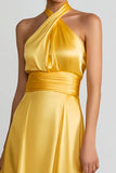 Yellow Satin Halter A Line Long Formal Dress