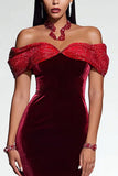 Sparkly Burgundy Beaded Velvet Mermaid Long Formal Dress