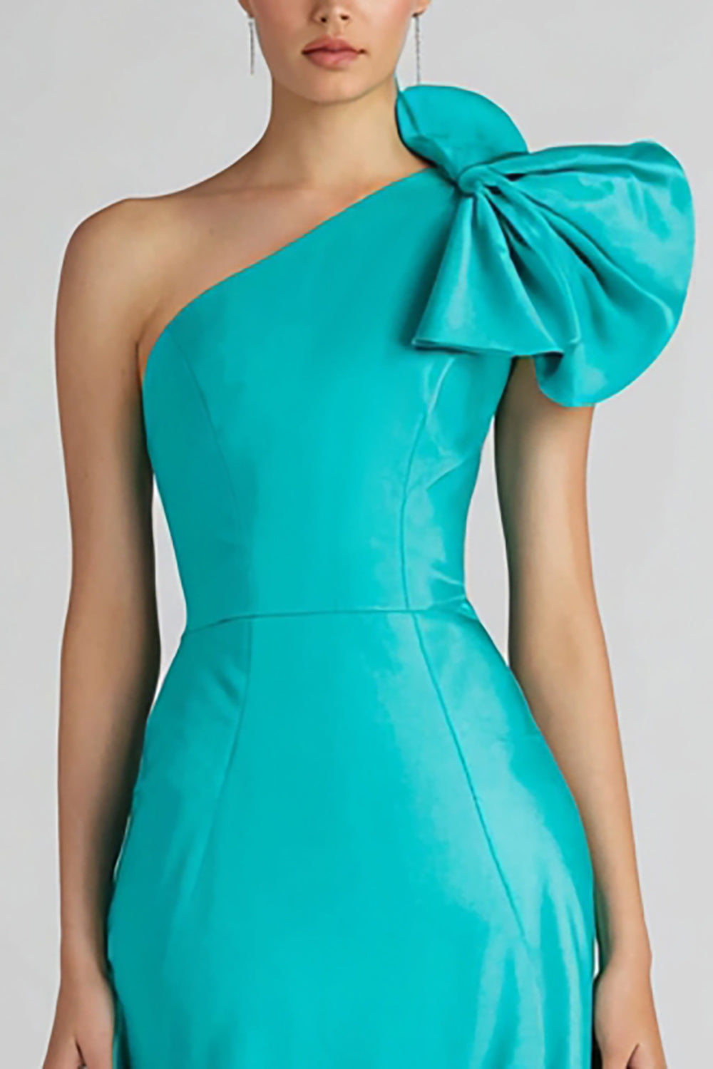 Jade Satin One Shoulder Mermaid Long Formal Dress with Bow