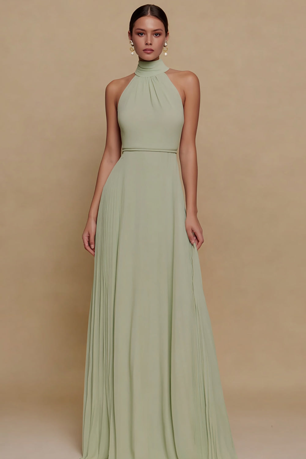 Dusty Sage Chiffon High Neck A Line Long Formal Dress