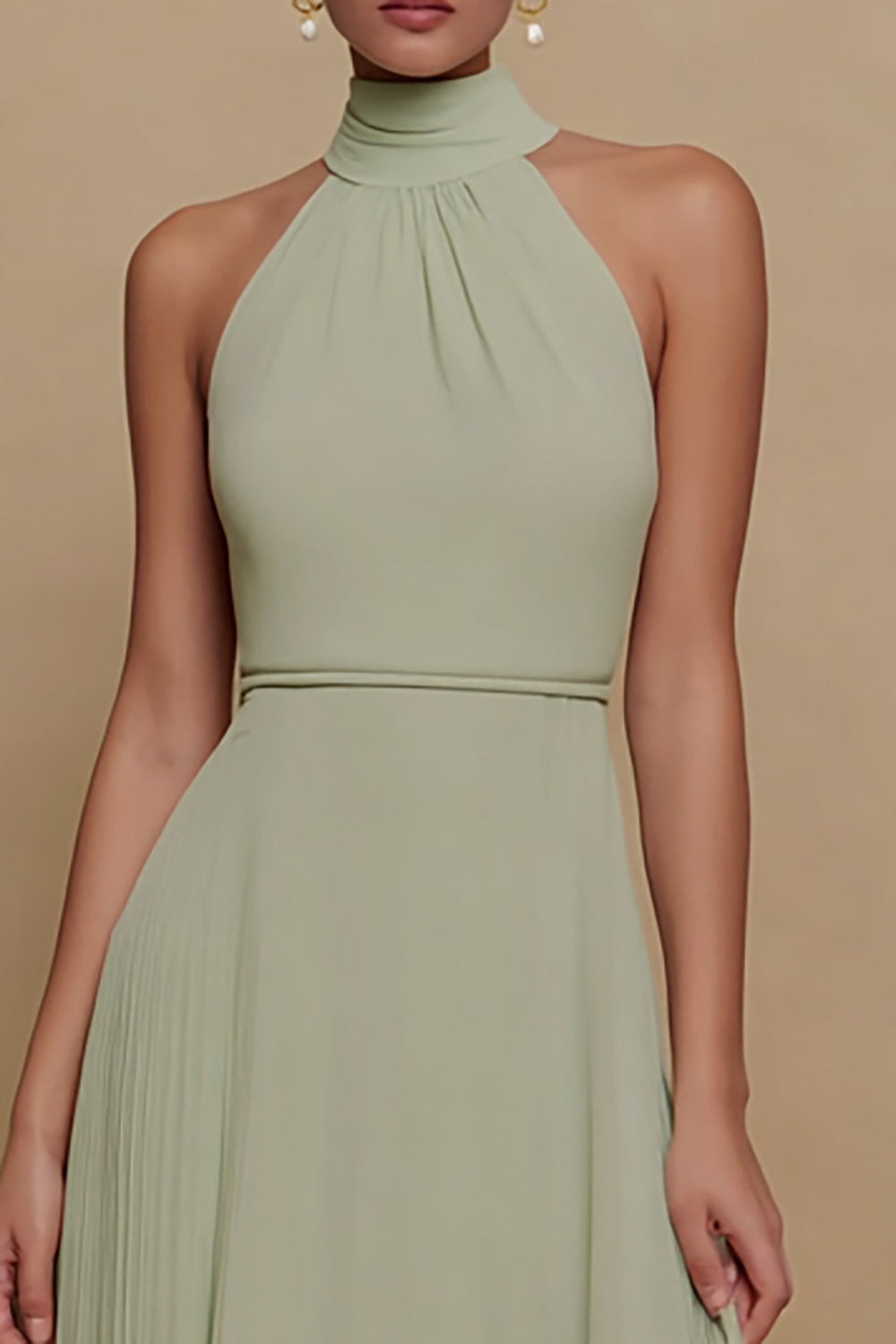 Dusty Sage Chiffon High Neck A Line Long Formal Dress