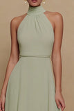 Dusty Sage Chiffon High Neck A Line Long Formal Dress