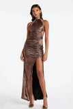 Sparkly Coffee Cut Out High Neck Long Formal Dress with Slit