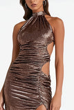 Sparkly Coffee Cut Out High Neck Long Formal Dress with Slit