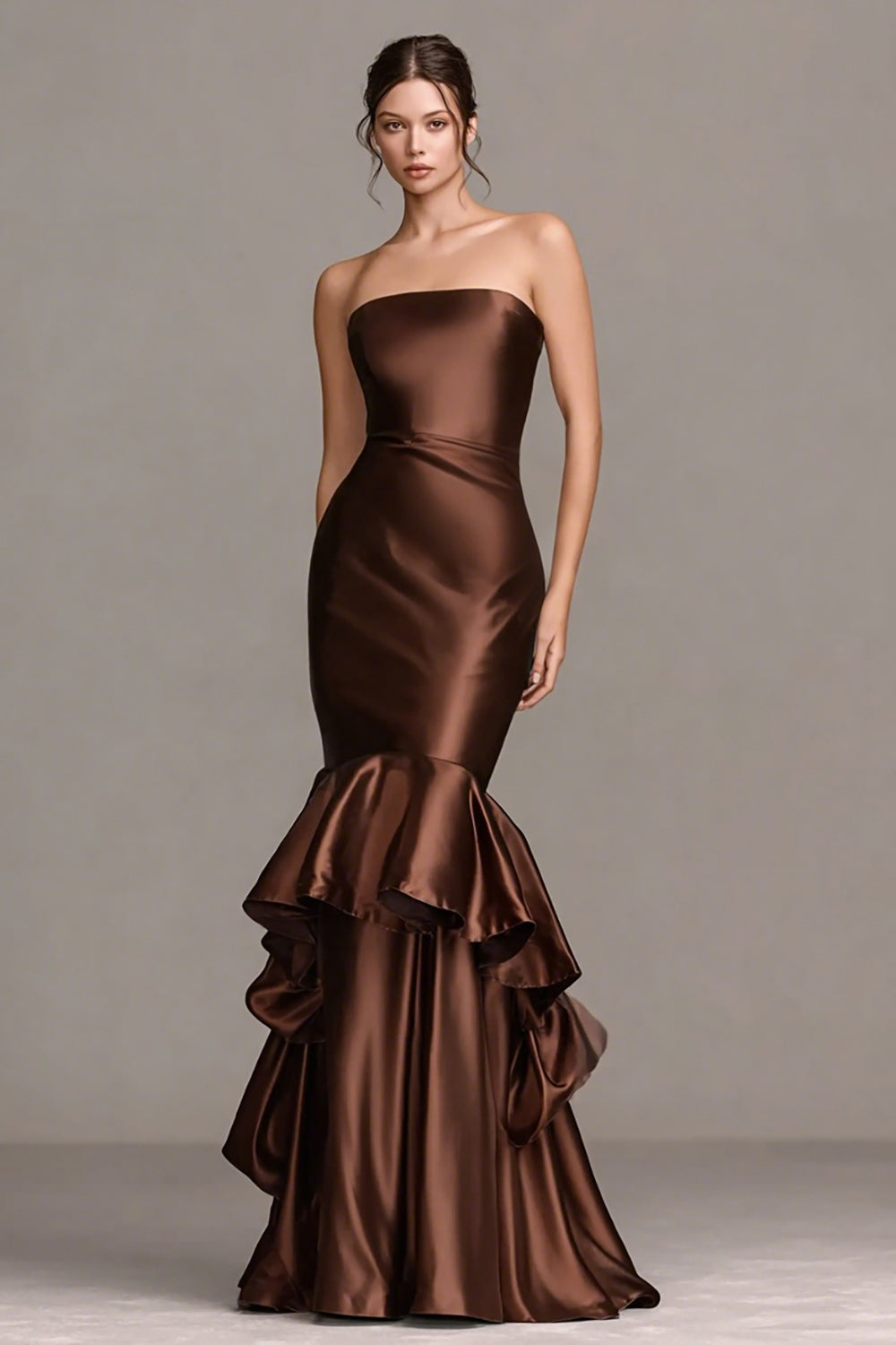Coffee Satin Strapless Ruffled Mermaid Long Formal Dress
