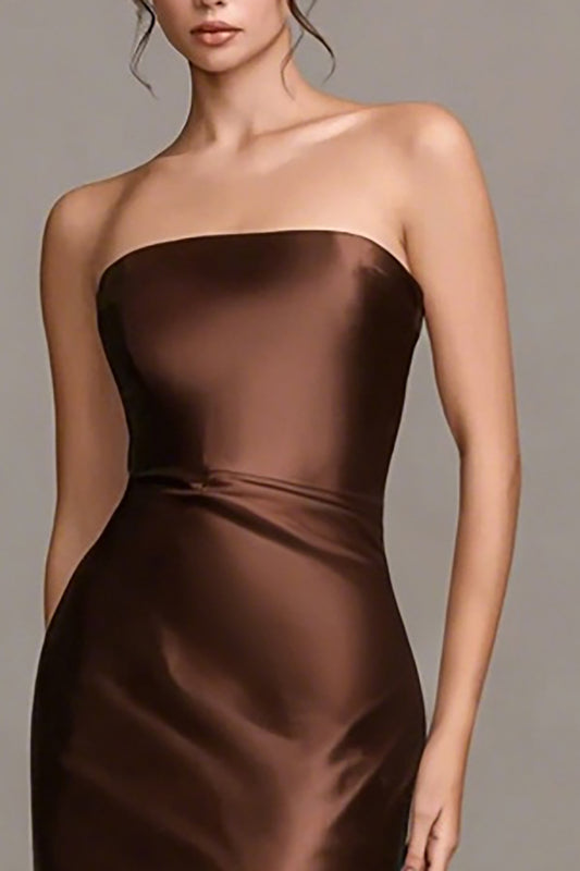 Coffee Satin Strapless Ruffled Mermaid Long Formal Dress