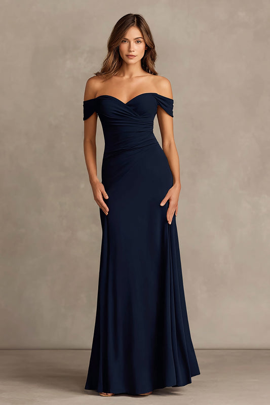 Navy Sheath Off the Shoulder Long Formal Dress