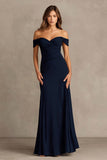 Navy Sheath Off the Shoulder Long Formal Dress